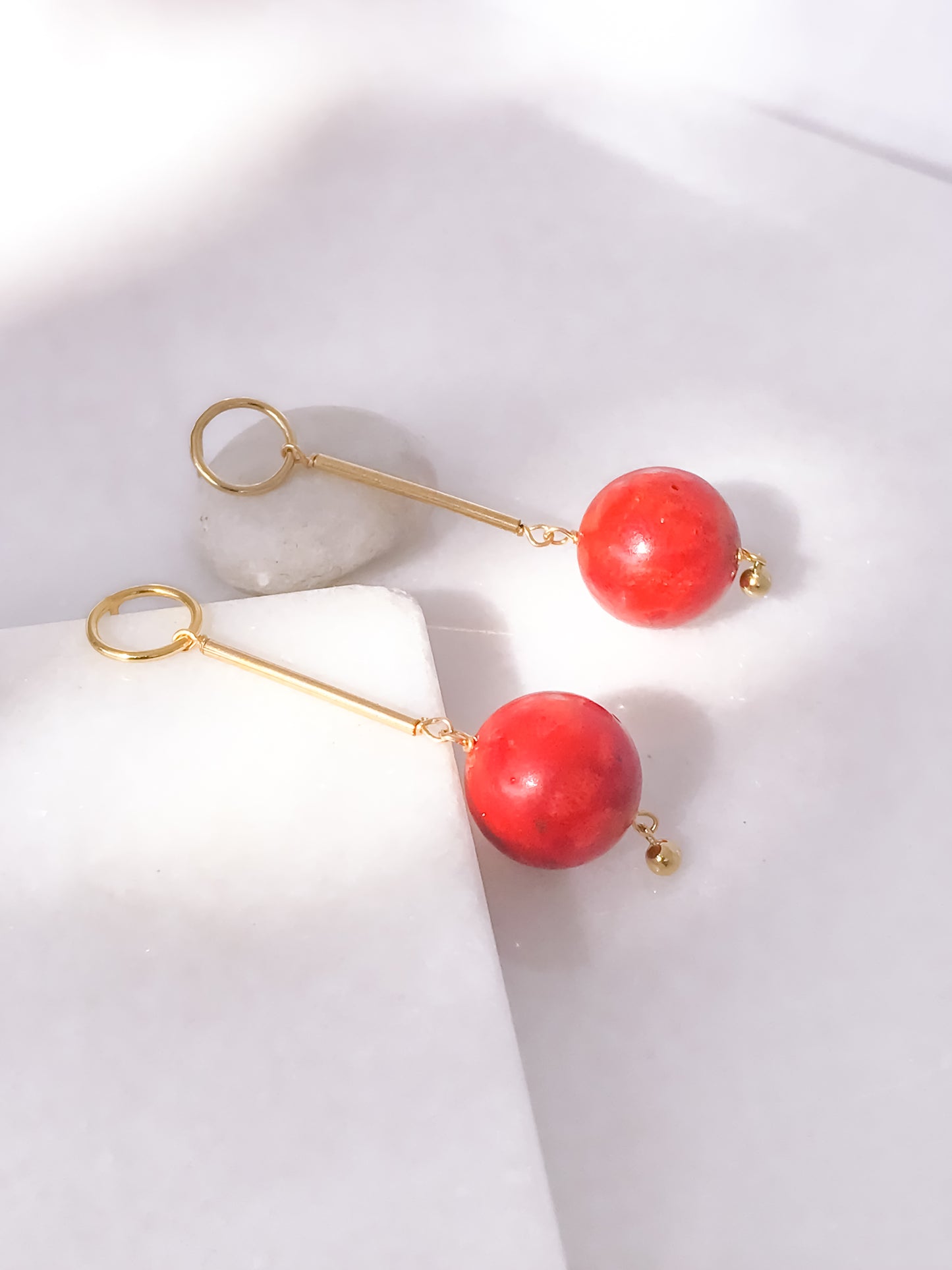 Big Red Coral Drop Earrings | Gold