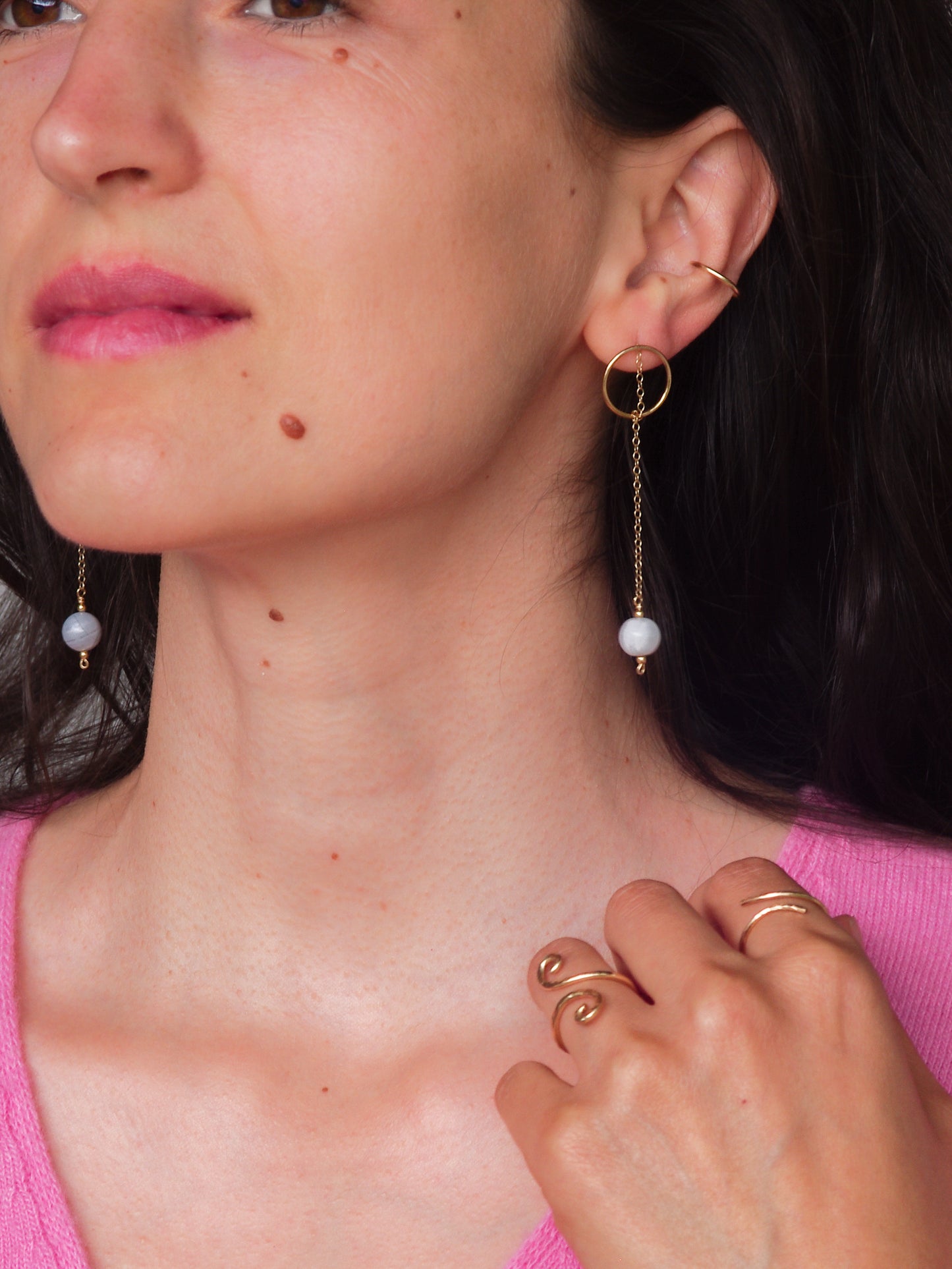 Chalcedony Circle & Chain Earrings