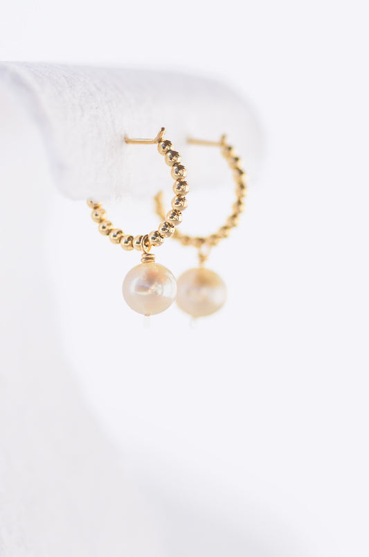 Gold beads huggie earring with pearl