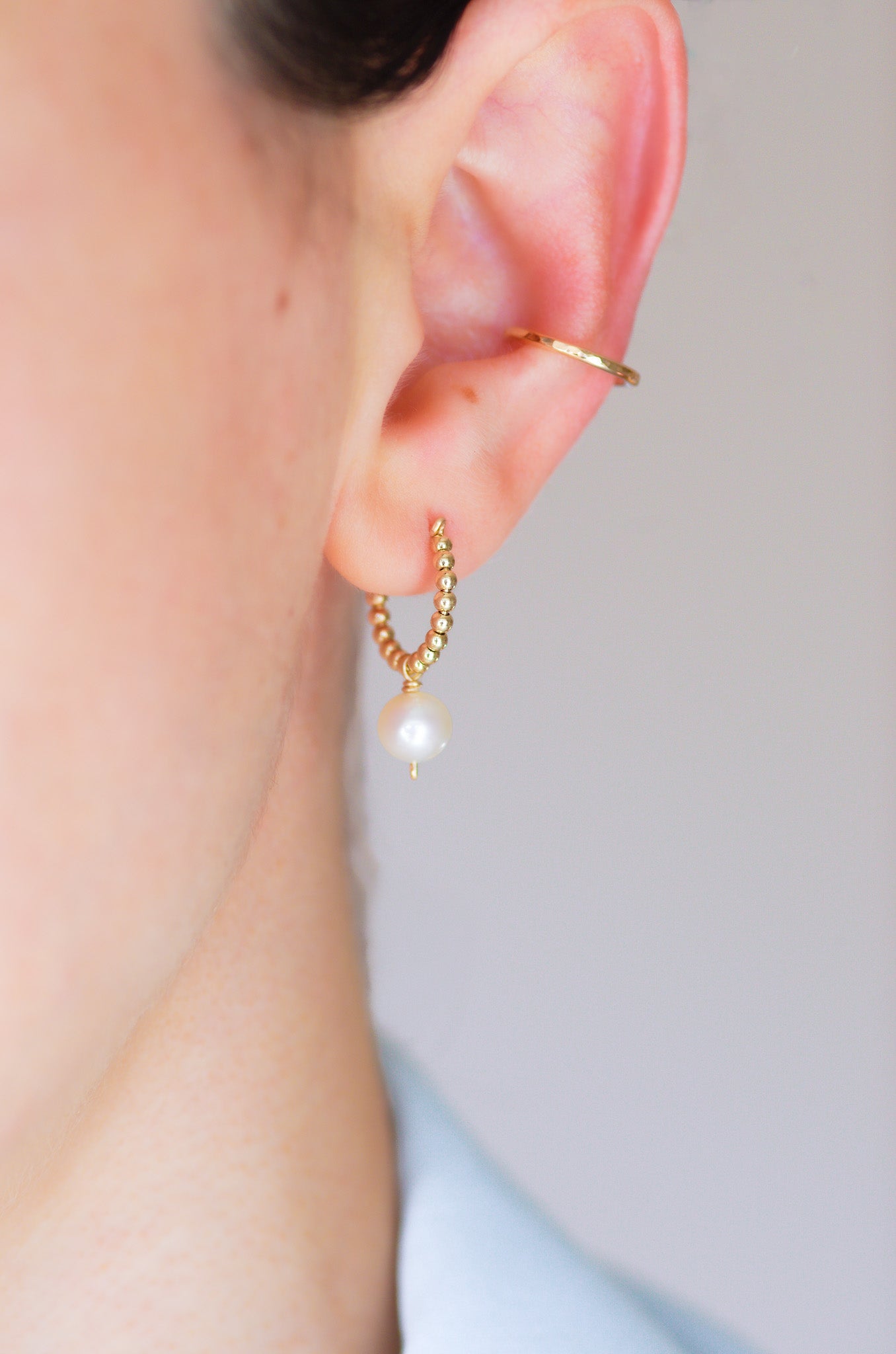 Gold beads huggie earring with pearl