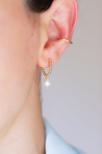 Gold beads huggie earring with pearl