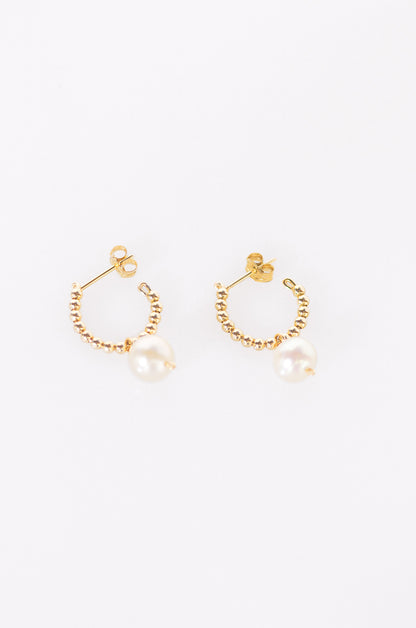 Gold beads huggie earring with pearl