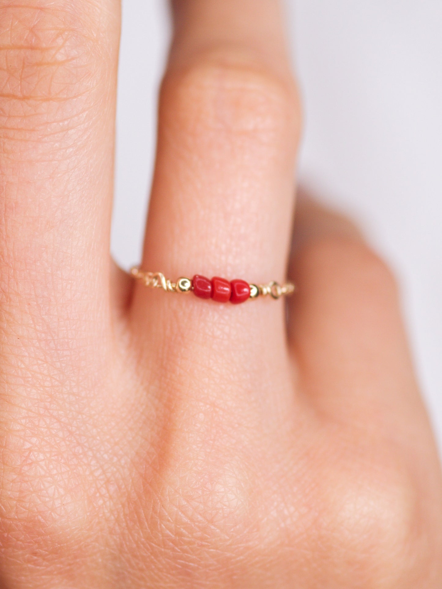 Gold Chain Ring With Red Coral