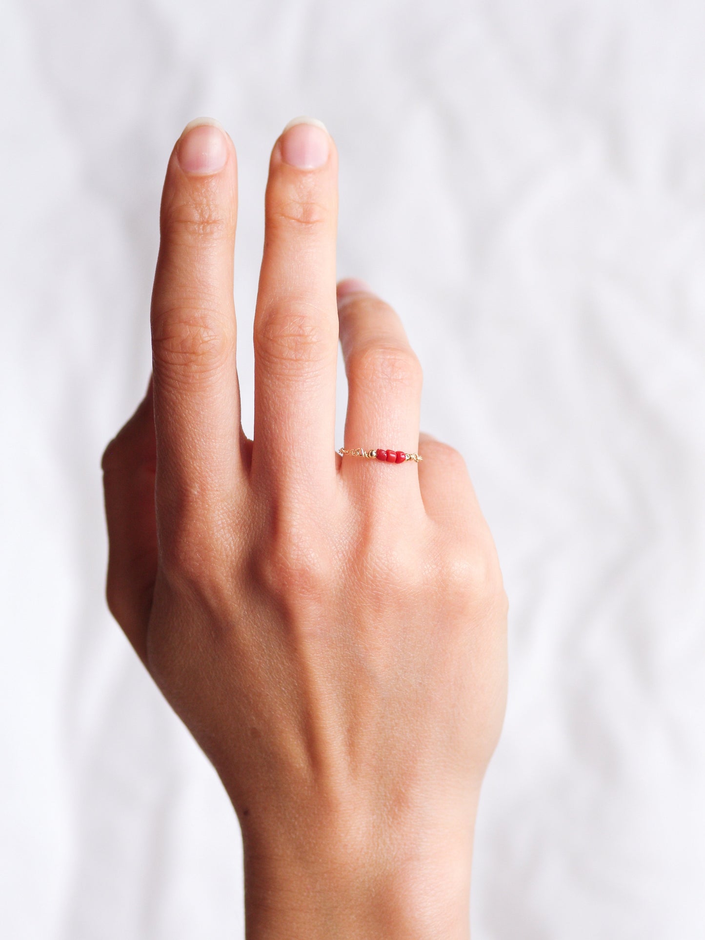 Gold Chain Ring With Red Coral