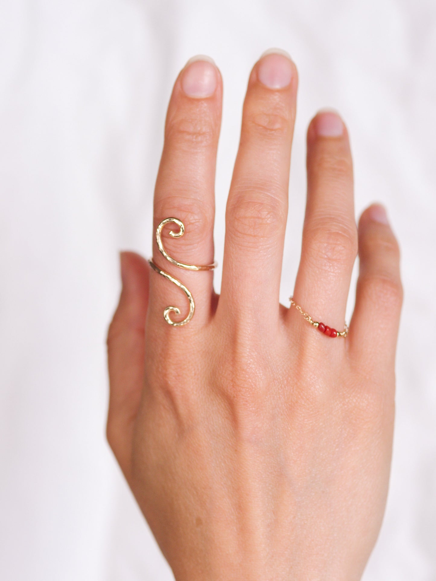 Gold Chain Ring With Red Coral