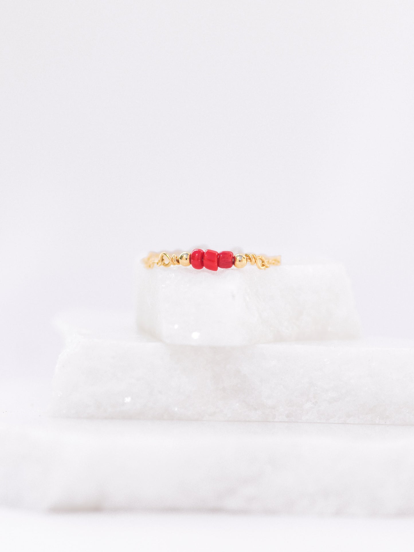 Gold Chain Ring With Red Coral