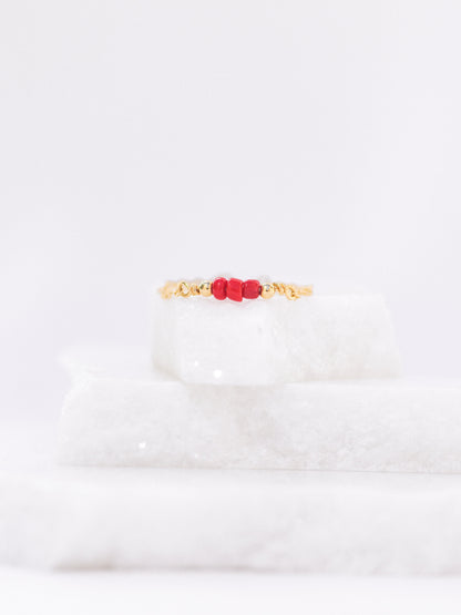 Gold Chain Ring With Red Coral