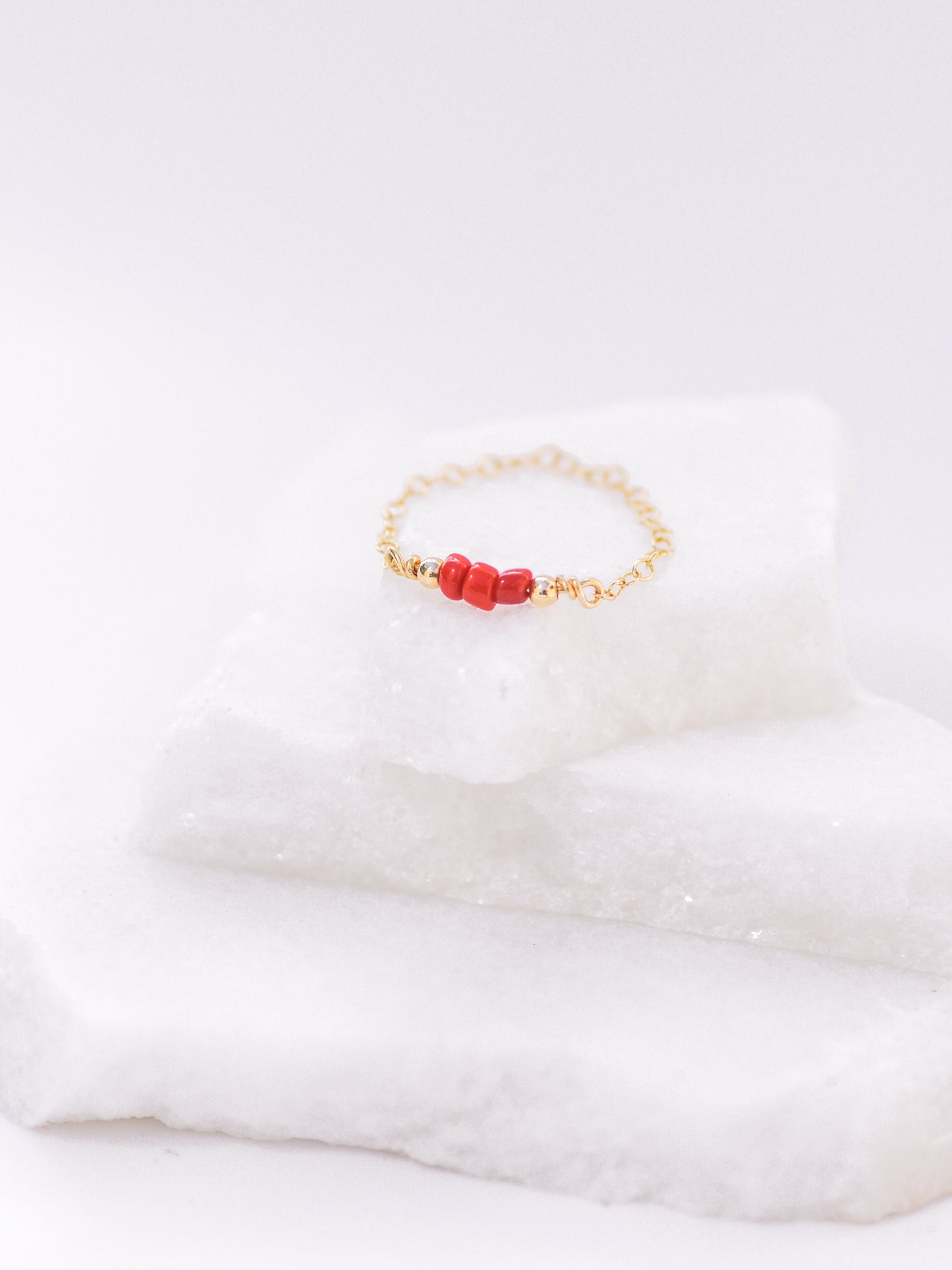 Gold Chain Ring With Red Coral