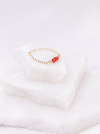 Gold Chain Ring With Red Coral