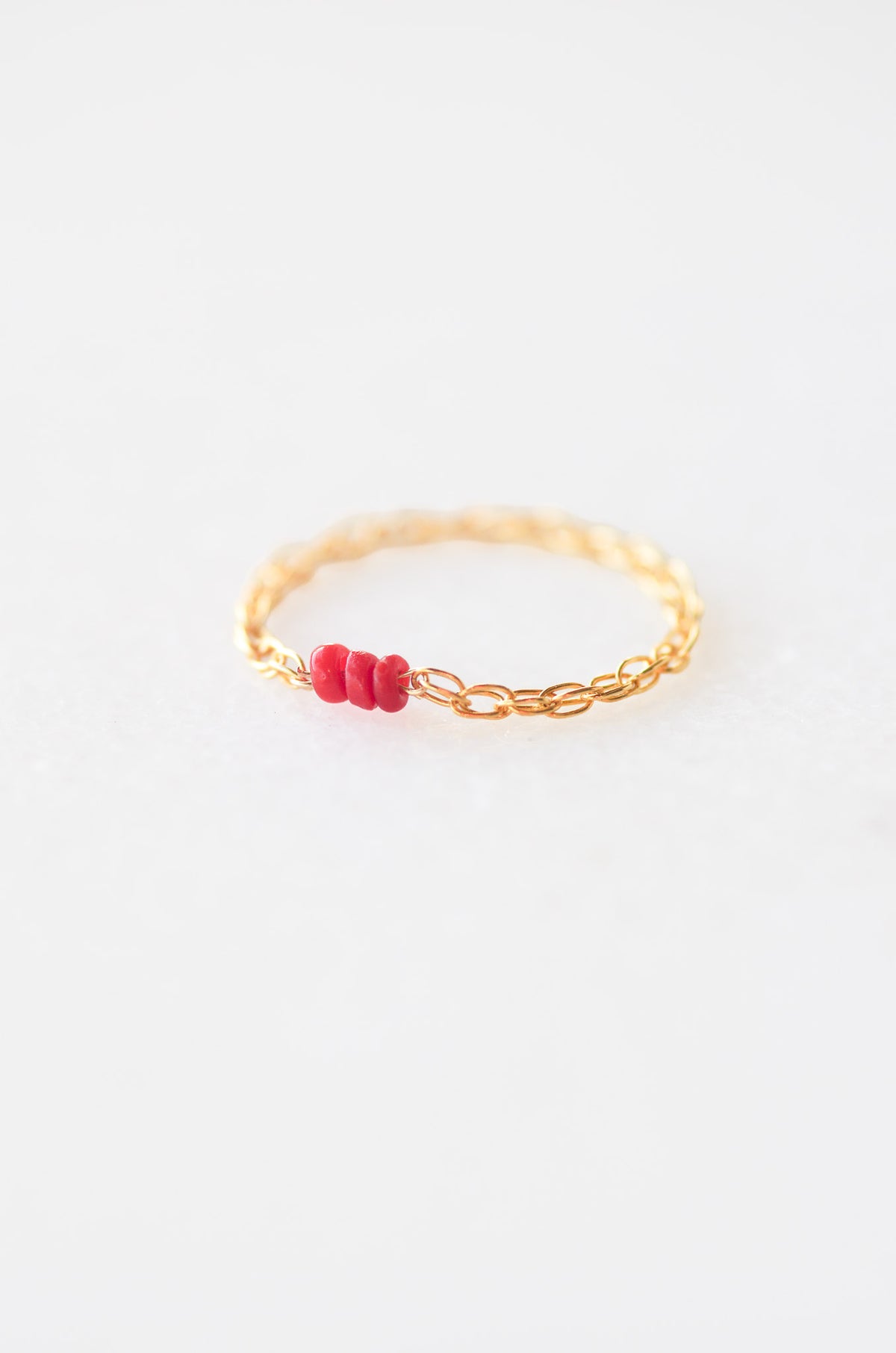 Gold Chain Ring With Red Coral