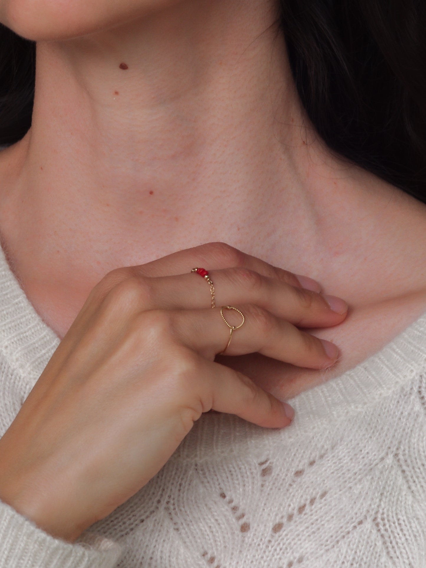 Gold Chain Ring With Red Coral