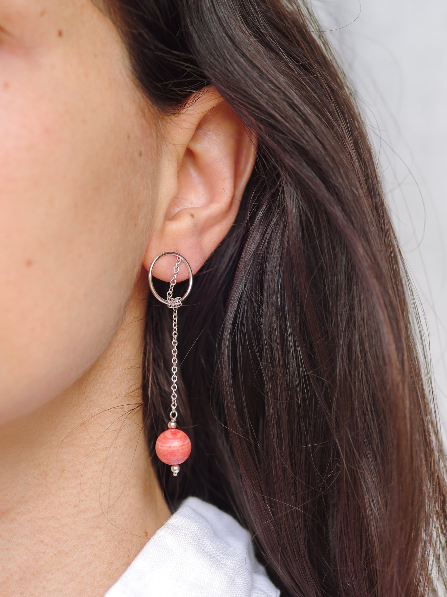 Pink Coral Circle & Chain Earrings