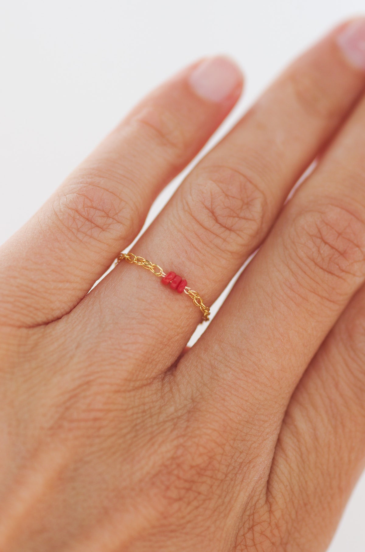 Gold Chain Ring With Red Coral