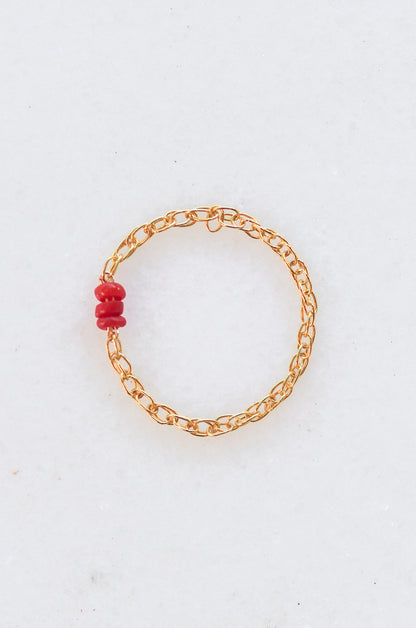 Gold Chain Ring With Red Coral